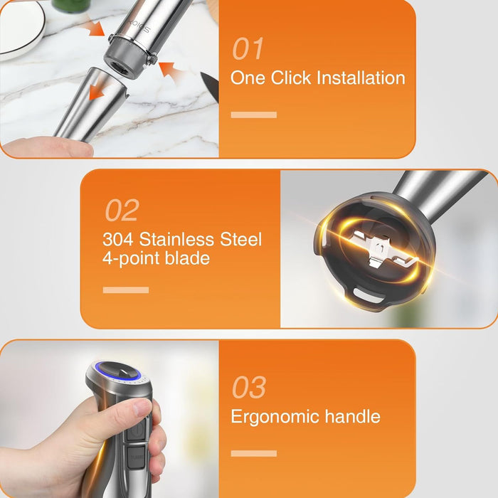 KOIOS 1100W Immersion Hand Blender, Stainless Steel Stick Blender with 12-Speed & Turbo Mode, 5-in-1 Handheld Blender with 600ml Mixing Beaker with Lid, 500ml Chopper, Whisk, Milk Frother, B PA-F ree