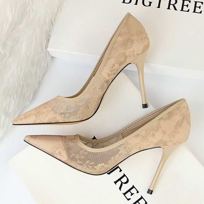 Women Pumps; Sexy heels; women's shoes; stiletto heels; pointed toe heels; mesh cutout lace trims