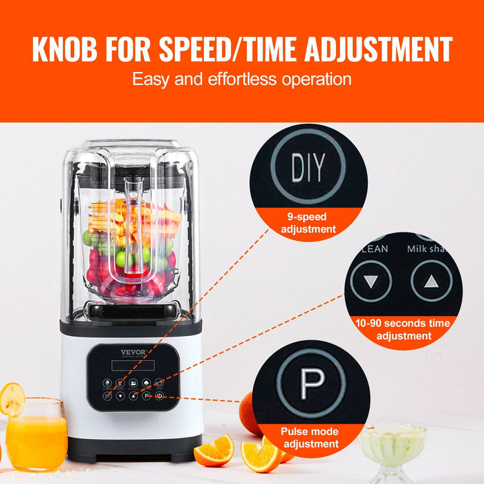 VEVOR Professional Blender with Shield, Commercial Countertop Blenders, 68 oz Glass Jar Blender Combo, Stainless Steel 9 Speed & 5 Functions Blender, for Shakes, Smoothies, Peree, and Crush Ice, White