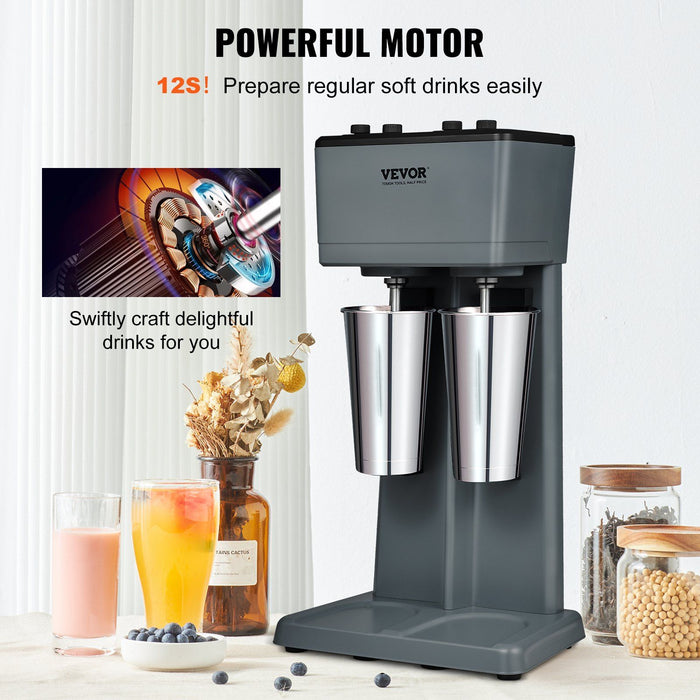 VEVOR Milkshake Maker, 375W x 2 Electric Milkshake Machine, Double Heads Drink Mixer Blender Machine, 3-Speed Milkshake Mixer with 2 x 820 ml Stainless Steel Cups, for Commercial and Home