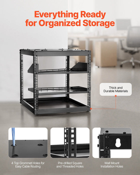 10U Open Frame Network Rack, 23 in Depth, Wall Mounted or Floor Standing Server Rack, Heavy Duty 4 Post, with Vented Shelves & Mounting Hardware, Holds All Your Networking IT Equipment AV Gear