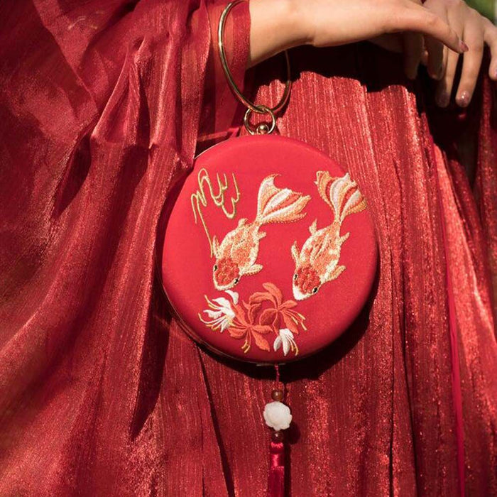 Red Carp Hanfu Crossbody Bag Chinese Style Embroidery Handbag Hard Case Retro Cheongsam Round Cell Phone Purse Chain Bag