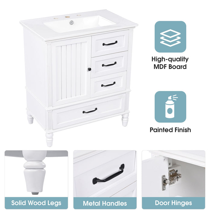 30" Bathroom Vanity with Sink, Bathroom Cabinet with A Door, Three Drawers, Solid Wood Legs & MDF Board, Adiustable Foot Pads, White
