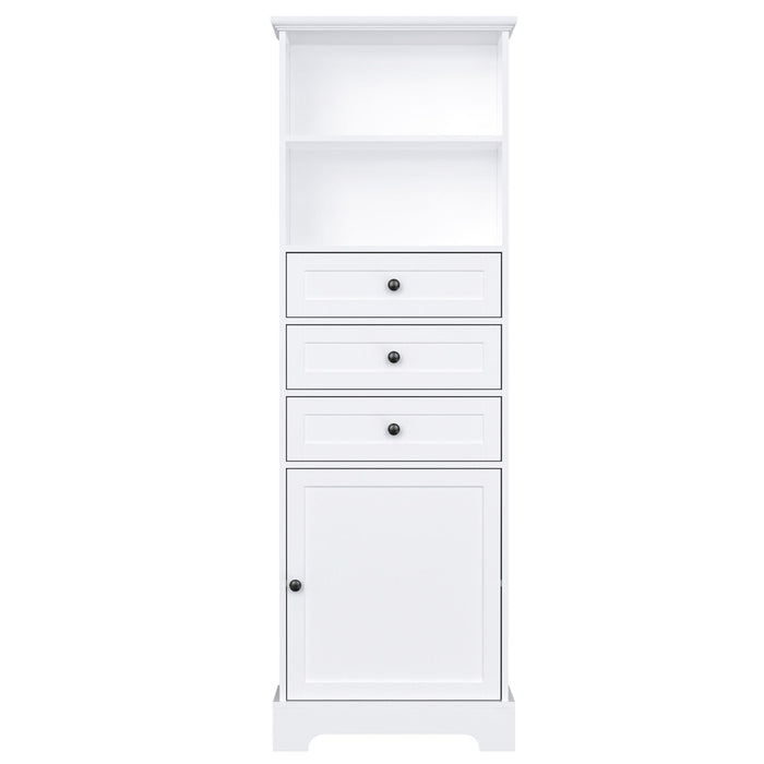 White Tall Storage Cabinet with 3 Drawers and Adjustable Shelves for Bathroom, Study, Office and Interior, MDF Board with Painted Finish