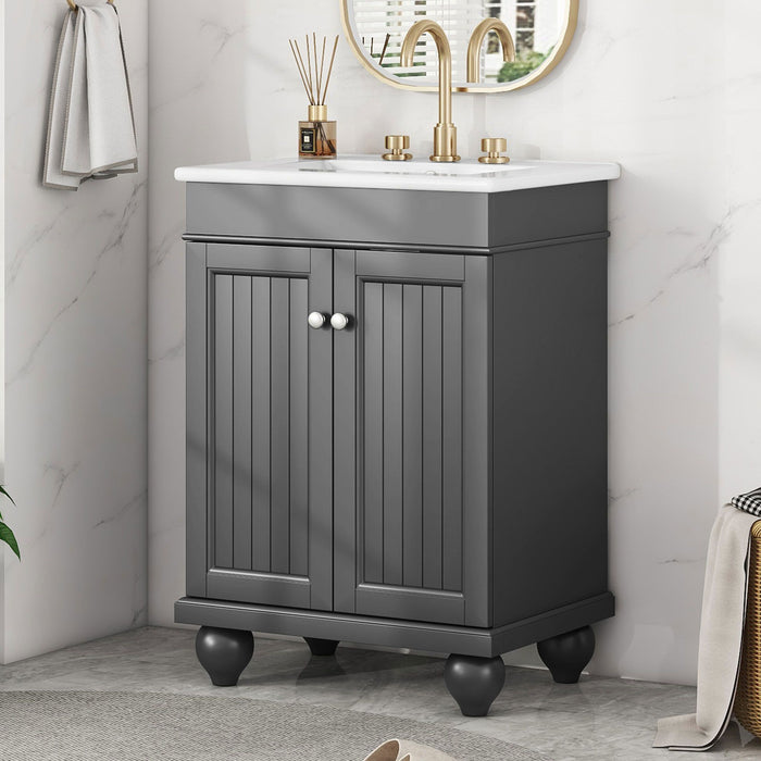 24" Modern Sleek Bathroom Vanity Elegant Ceramic Sink with Solid Wood Frame, Adjustable Shelf