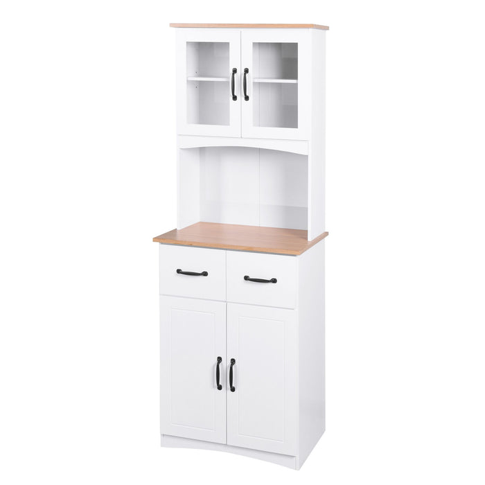 Wooden Kitchen Cabinet White Pantry Room Storage Microwave Cabinet with Framed Glass Doors and Drawer