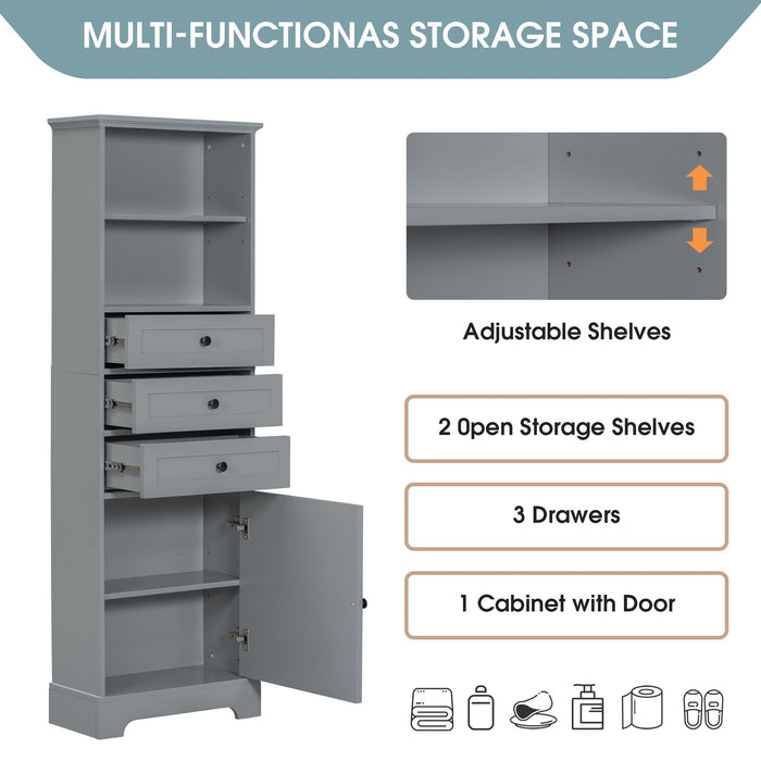 White Tall Storage Cabinet with 3 Drawers and Adjustable Shelves for Bathroom, Study, Office and Interior, MDF Board with Painted Finish