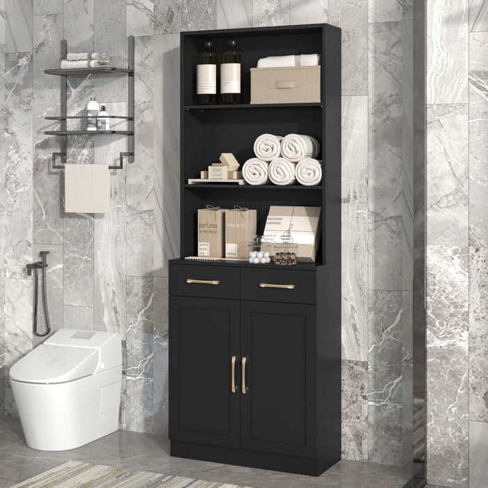 Bathroom Storage Cabinet, Cabinet with Two Doors and Drawers, Adjustable Shelf, Three-layer Open Shelf, MDF Board
