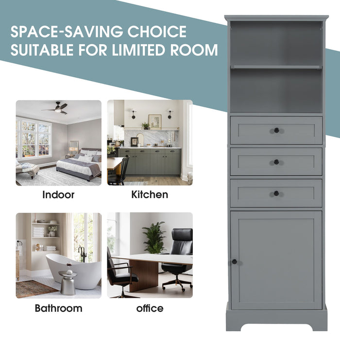 White Tall Storage Cabinet with 3 Drawers and Adjustable Shelves for Bathroom, Study, Office and Interior, MDF Board with Painted Finish