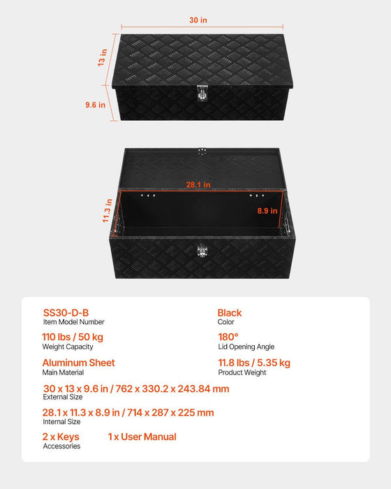 30"x13"x9.6" Heavy Duty Aluminum Truck Bed Tool Box for Pickup RV Black