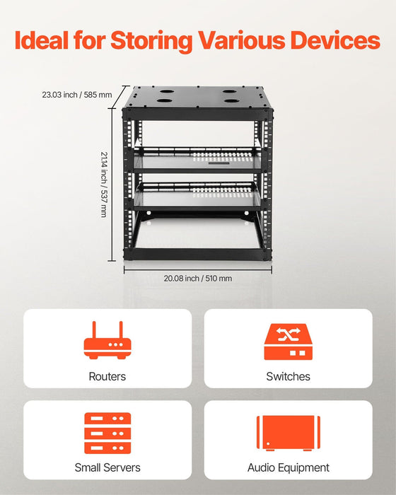 10U Open Frame Network Rack, 23 in Depth, Wall Mounted or Floor Standing Server Rack, Heavy Duty 4 Post, with Vented Shelves & Mounting Hardware, Holds All Your Networking IT Equipment AV Gear