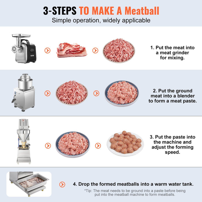 VEVOR Commercial Meatball Forming Machine, 280 PCs/min Automatic Meatball Maker, 1100W Electric Fish Beef Pork Shrimp Ball Making Tool, Stainless Steel Meatball Former with 18/20/22/26/30/32 mm Models