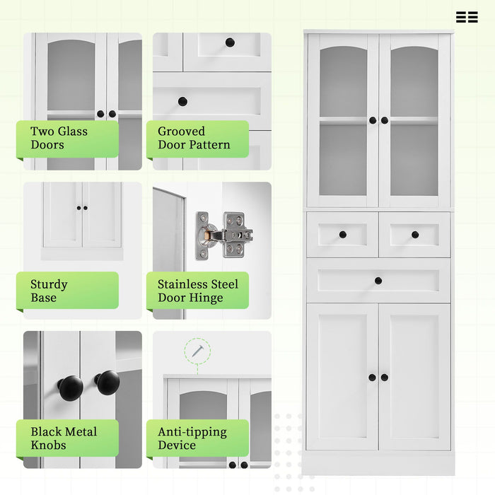 Tall Bathroom Storage Cabinet, Cabinet with Four Doors and Drawers, Adjustable Shelf, MDF Board