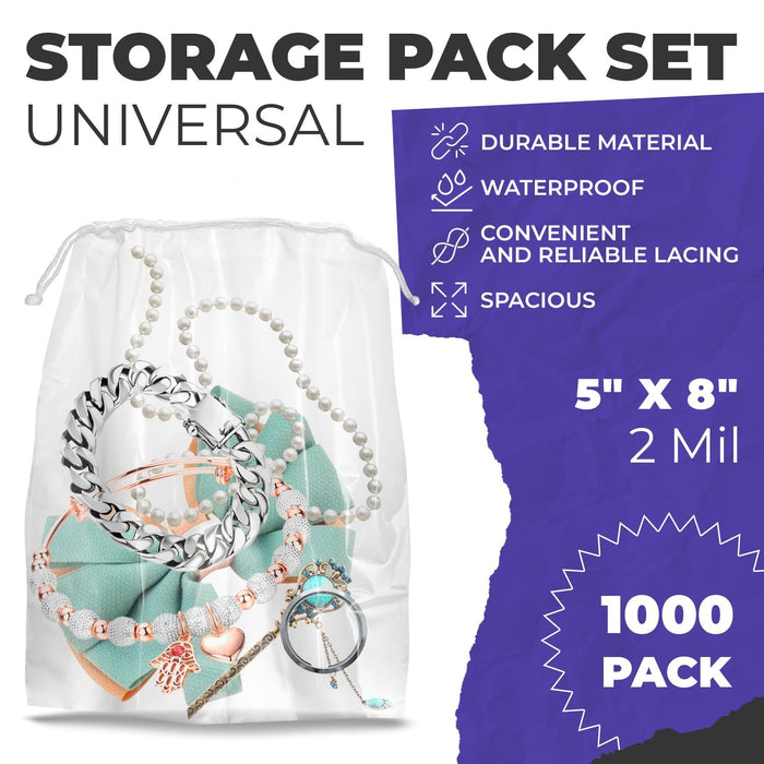 Clear Drawstring Bag, 5 x 8 Inches. Pack of 1000 Clear Plastic Drawstring Bags. 2 Mil Drawstring Clear Plastic Bags. Waterproof Clear Plastic Bags Drawstring for Cosmetics, Toiletries