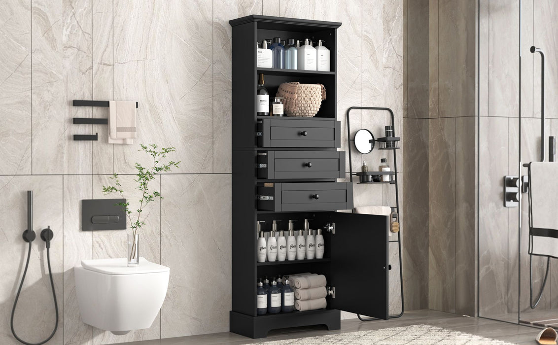 White Tall Storage Cabinet with 3 Drawers and Adjustable Shelves for Bathroom, Study, Office and Interior, MDF Board with Painted Finish