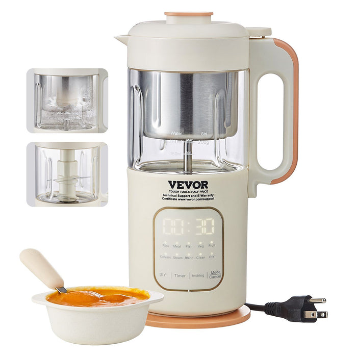 VEVOR Baby Food Maker, 500W Baby Food Processor with 300 ml Glass Bowl, SUS304 Stainless Steel 4-Blade Baby Food Puree Blender Steamer Grinder for Food, Fruit, Vegetable, Meat