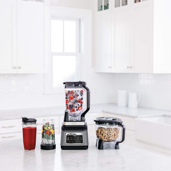 N inja BN801 Professional Plus Kitchen System, 1400 WP, 5 Functions for Smoothies, Chopping, Dough & More with Auto IQ, 72-oz.* Blender Pitcher, 64-oz. Processor Bowl, (2) 24-oz. To-Go Cups, Grey