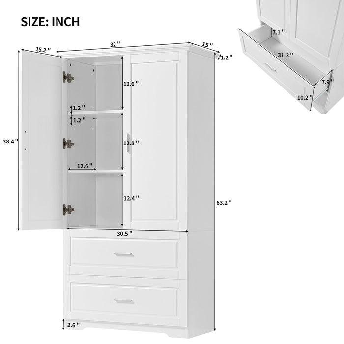 Tall Bathroom Storage Cabinet, Cabinet with Two Doors and Drawers, Adjustable Shelf, MDF Board