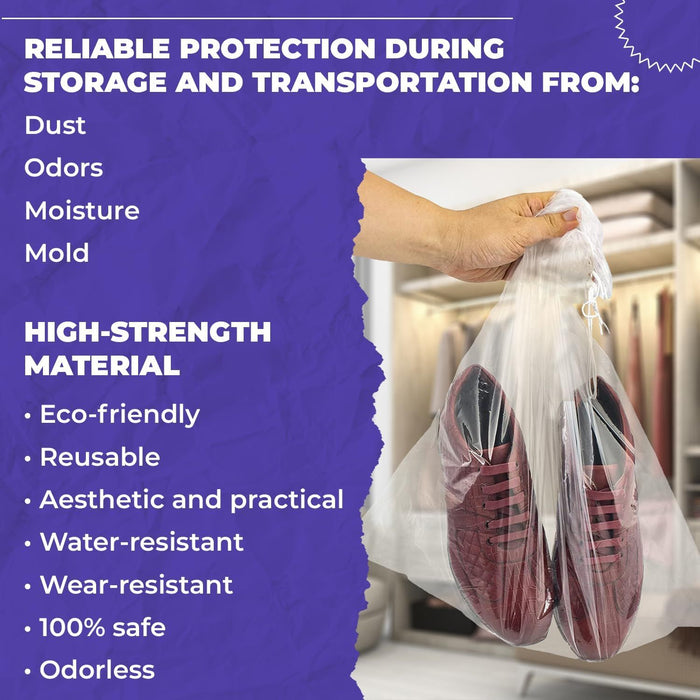 Clear Drawstring Travel Bags for Shoes, 12 x 16 Inches. Pack of 100 Waterproof Dust Bags for Shoes with Double Cotton Drawstrings. 2 mil PE Plastic Drawstring Bags for Packing, Storage