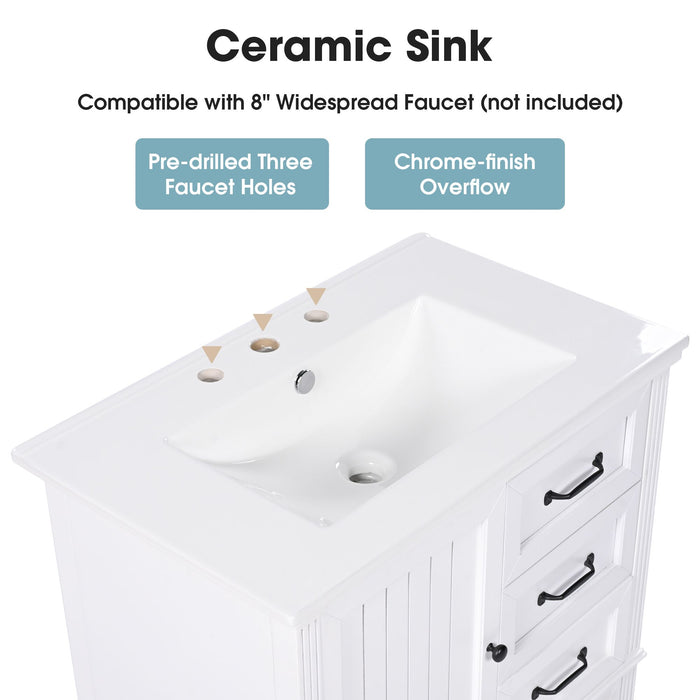 30" Bathroom Vanity with Sink, Bathroom Cabinet with A Door, Three Drawers, Solid Wood Legs & MDF Board, Adiustable Foot Pads, White