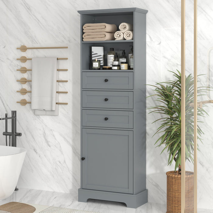 White Tall Storage Cabinet with 3 Drawers and Adjustable Shelves for Bathroom, Study, Office and Interior, MDF Board with Painted Finish