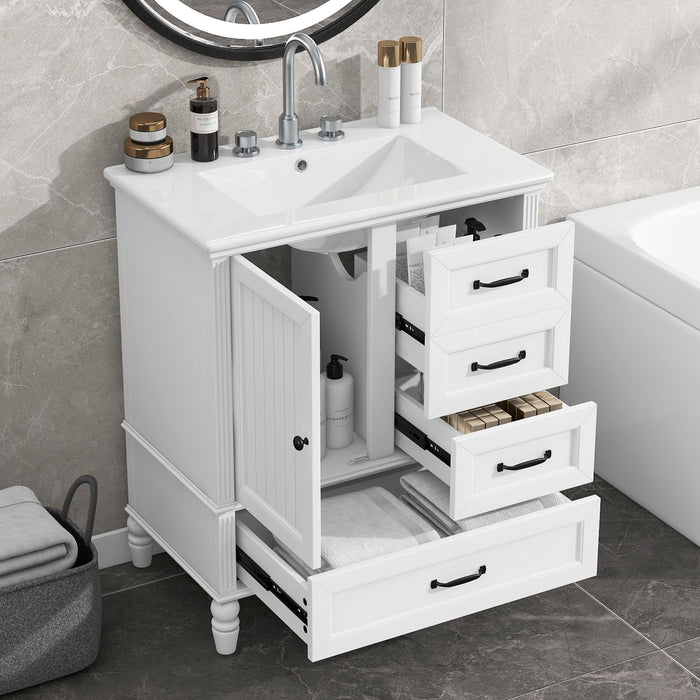 30" Bathroom Vanity with Sink, Bathroom Cabinet with A Door, Three Drawers, Solid Wood Legs & MDF Board, Adiustable Foot Pads, White