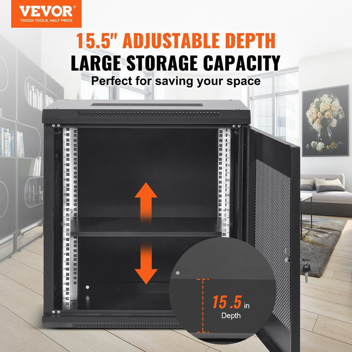 VEVOR 12U Wall Mount Server Cabinet, 15.5'' Depth, Network Rack Enclosure, Supports up to 200 lbs, Secure Locking System, Ideal for IT Hardware, Audio/Video Components