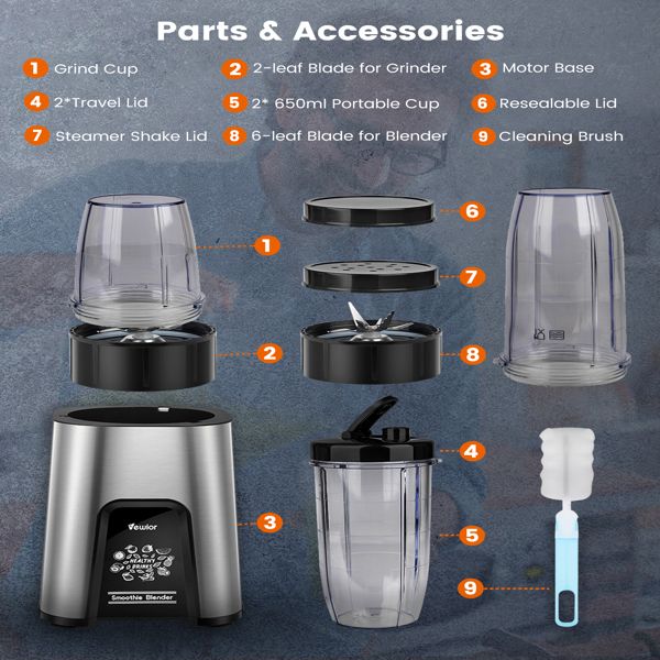 VEWIOR 1000W Smoothie Blender for Shakes and Smoothies; 11 Pieces Personal Blender for Kitchen; 2*23oz+10oz Blender Cups with To-Go Lids for Fruit Vegetables; Beans; Nuts; Spices(shipment from FBA)