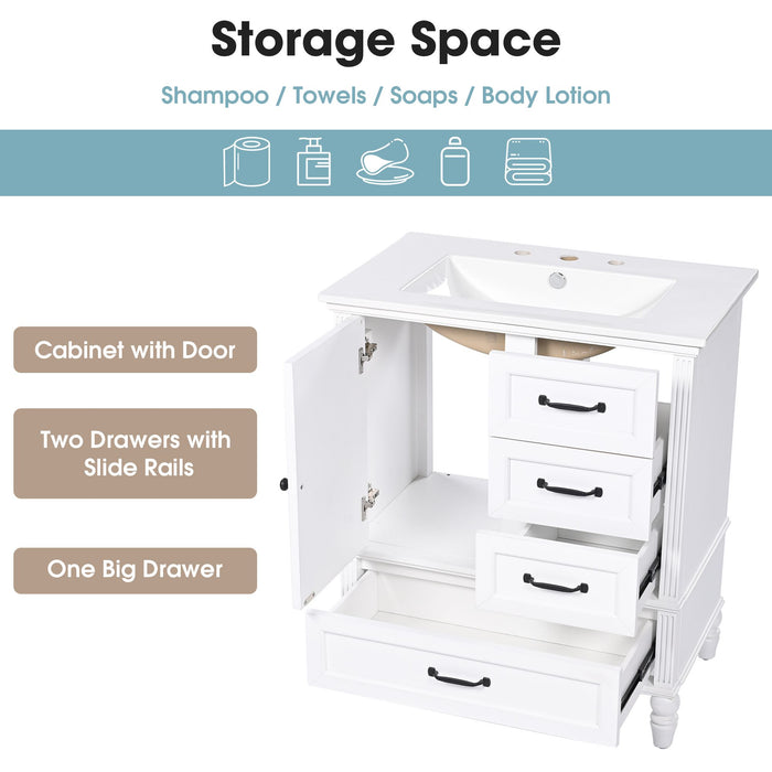 30" Bathroom Vanity with Sink, Bathroom Cabinet with A Door, Three Drawers, Solid Wood Legs & MDF Board, Adiustable Foot Pads, White