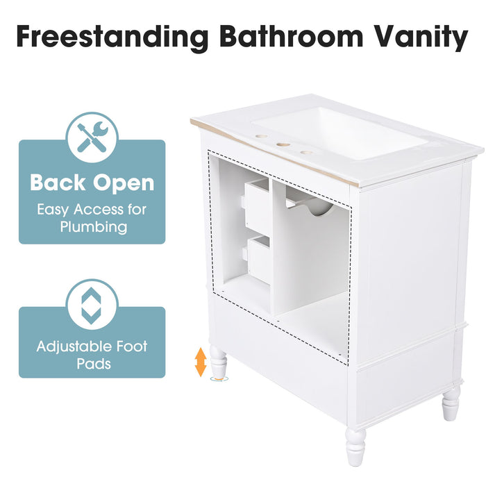 30" Bathroom Vanity with Sink, Bathroom Cabinet with A Door, Three Drawers, Solid Wood Legs & MDF Board, Adiustable Foot Pads, White