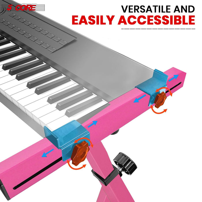 5 CORE Keyboard Stand Riser Z Style Height Width Adjustable Portable Heavy Duty Music Stands Holder for Kids and Adults Fits 54 to 88 Key Electric Pianos w Wheels - KS Z1 BPNK HD WHLS
