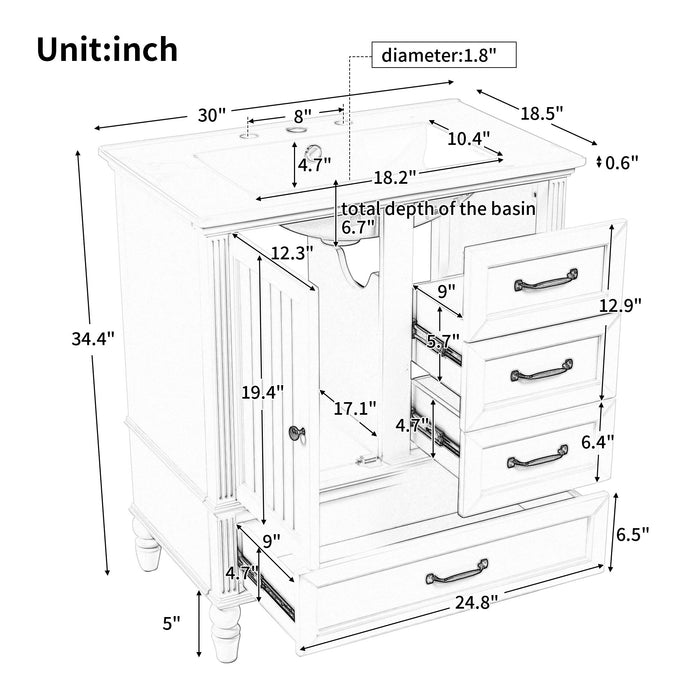 30" Bathroom Vanity with Sink, Bathroom Cabinet with A Door, Three Drawers, Solid Wood Legs & MDF Board, Adiustable Foot Pads, White