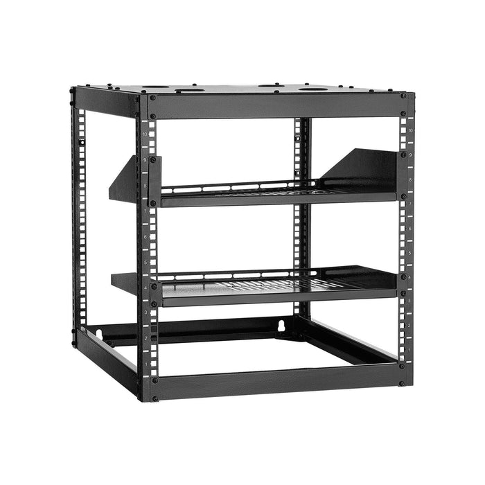 10U Open Frame Network Rack, 23 in Depth, Wall Mounted or Floor Standing Server Rack, Heavy Duty 4 Post, with Vented Shelves & Mounting Hardware, Holds All Your Networking IT Equipment AV Gear