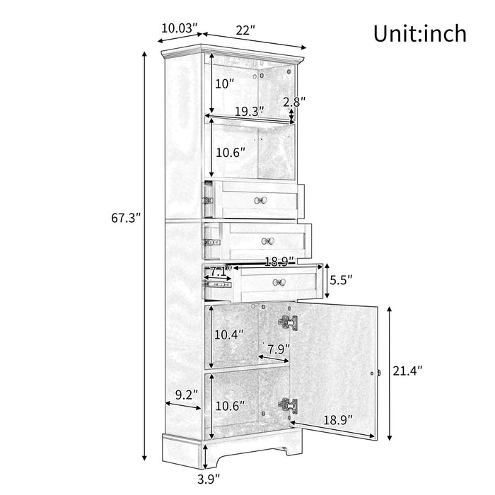 White Tall Storage Cabinet with 3 Drawers and Adjustable Shelves for Bathroom, Study, Office and Interior, MDF Board with Painted Finish