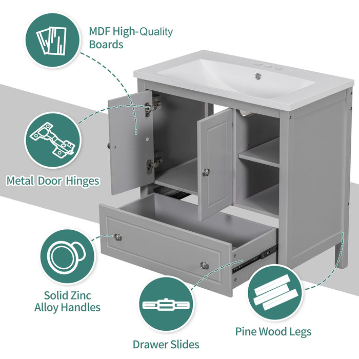 30" Bathroom Vanity with Sink, Bathroom Storage Cabinet with Doors and Drawers, Solid Wood Frame, Ceramic Sink