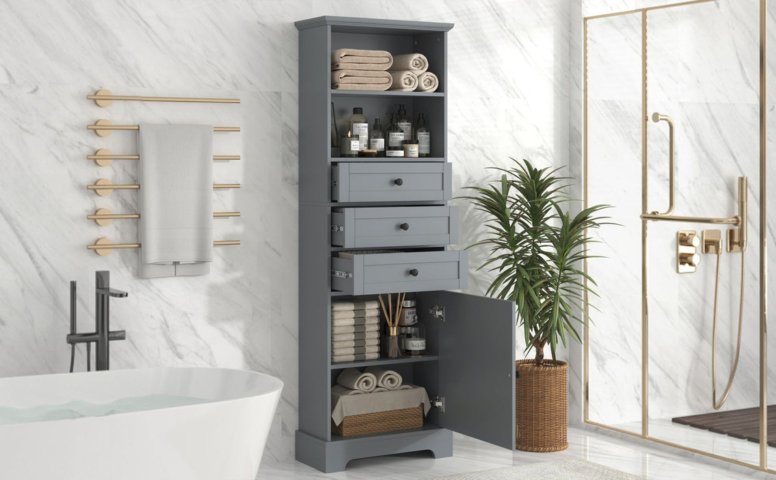 White Tall Storage Cabinet with 3 Drawers and Adjustable Shelves for Bathroom, Study, Office and Interior, MDF Board with Painted Finish