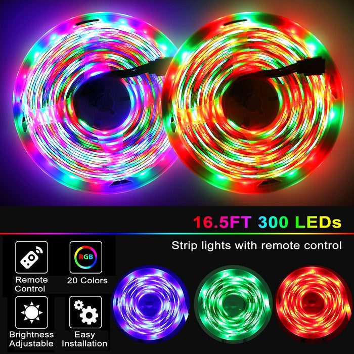 300 LEDs Strip Lights 5M/16.5ft 20 Colors RGB LED Strip IP65 Waterproof w/ Remote
