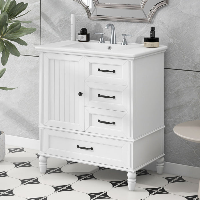 30" Bathroom Vanity with Sink, Bathroom Cabinet with A Door, Three Drawers, Solid Wood Legs & MDF Board, Adiustable Foot Pads, White