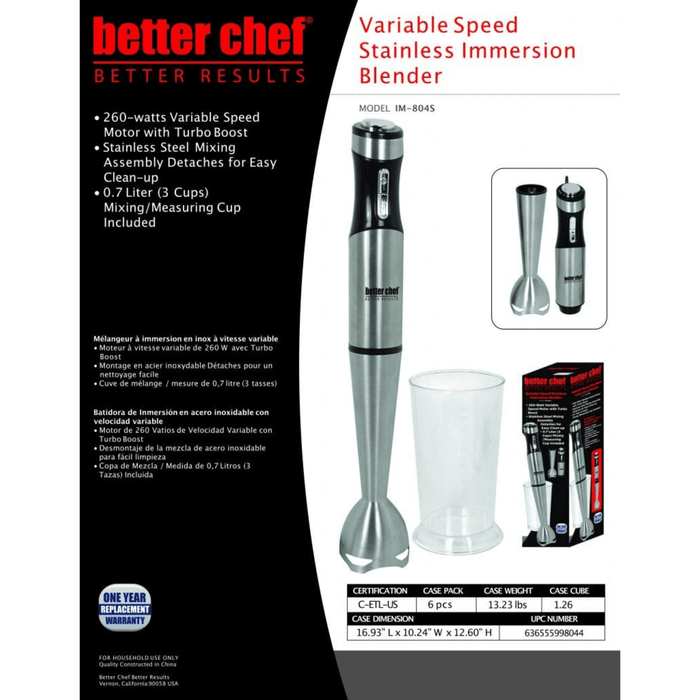 Better Chef 260W Variable Speed Stainless Steel Immersion Blender with Cup