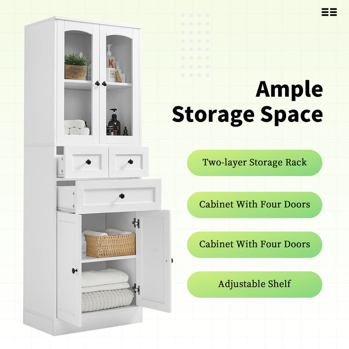 Tall Bathroom Storage Cabinet, Cabinet with Four Doors and Drawers, Adjustable Shelf, MDF Board