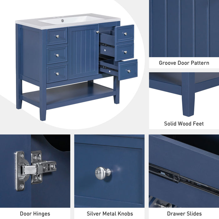 36\" Bathroom Vanity with Sink Combo, One Cabinet and Three Drawers, Solid Wood and MDF Board