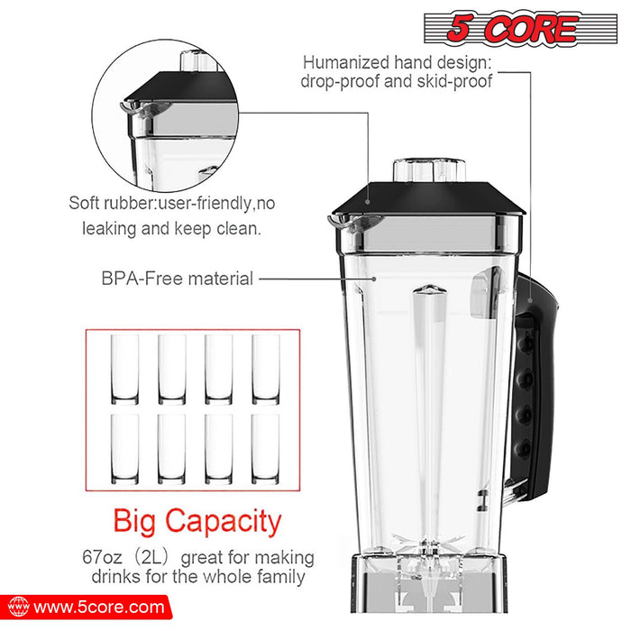 5 Core 2L Professional Countertop Blender For Kitchen 68 Oz 2000W High Speed BPA Free 6 Titanium Blade Smoothie Blender Electric For Soup Shake Juice Multi-Speed Manual JB 2000 M