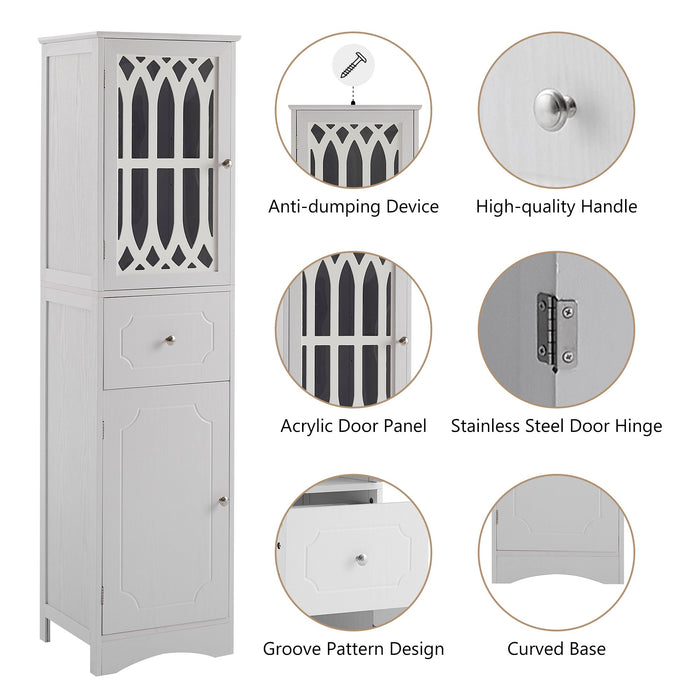 Tall Bathroom Cabinet, Freestanding Storage Cabinet with Drawer and Doors, MDF Board, Acrylic Door, Adjustable Shelf