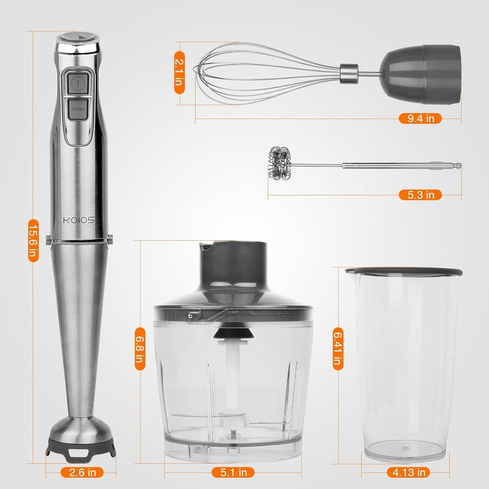 KOIOS 1100W Immersion Hand Blender, Stainless Steel Stick Blender with 12-Speed & Turbo Mode, 5-in-1 Handheld Blender with 600ml Mixing Beaker with Lid, 500ml Chopper, Whisk, Milk Frother, B PA-F ree