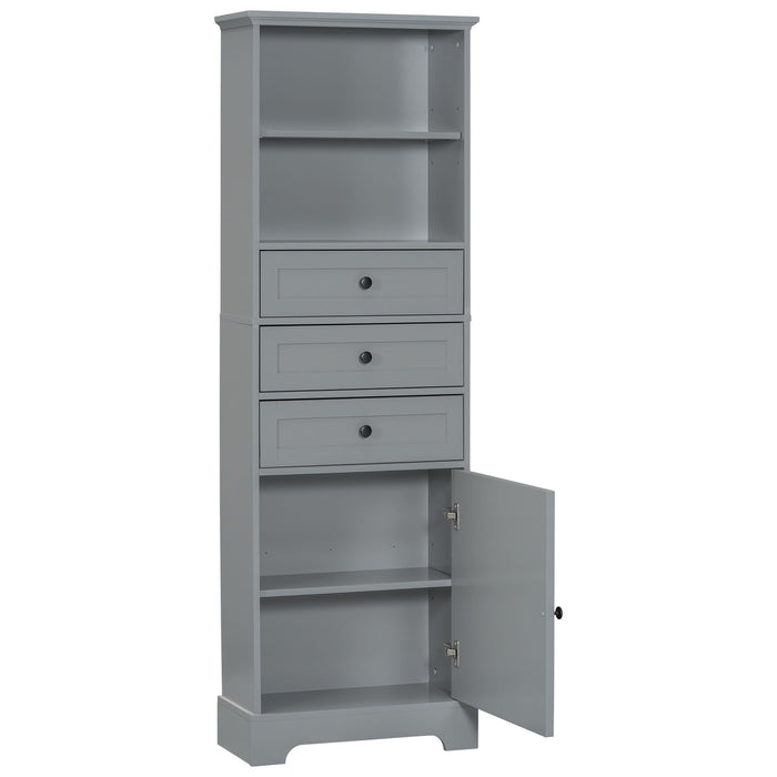White Tall Storage Cabinet with 3 Drawers and Adjustable Shelves for Bathroom, Study, Office and Interior, MDF Board with Painted Finish