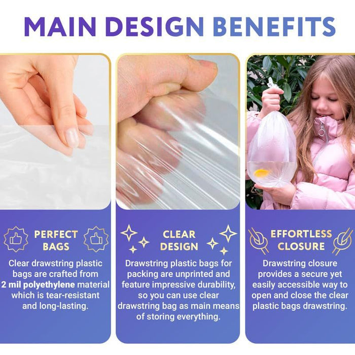 Clear Drawstring Bag, 9 x 12 Inches. Pack of 50 Clear Plastic Drawstring Bags. 2 Mil Drawstring Clear Plastic Bags. Waterproof Clear Plastic Bags Drawstring for Cosmetics, Toiletries
