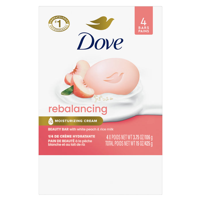 Dove Beauty Bar Soap for Women Rebalancing White Peach & Rice Milk All Skin, 3.75 oz 4 Bars
