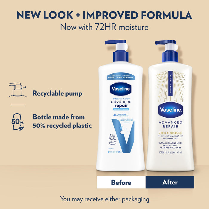Vaseline Intensive Care Body Lotion for Dry Skin Advanced Repair Unscented Lotion Made with Ultra-Hydrating Lipids + Vaseline Jelly to Repair Extremely Dry Skin, 32 fl oz