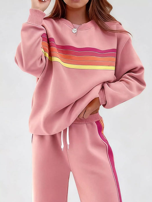 Striped Round Neck Sweatshirt and Pants Set
