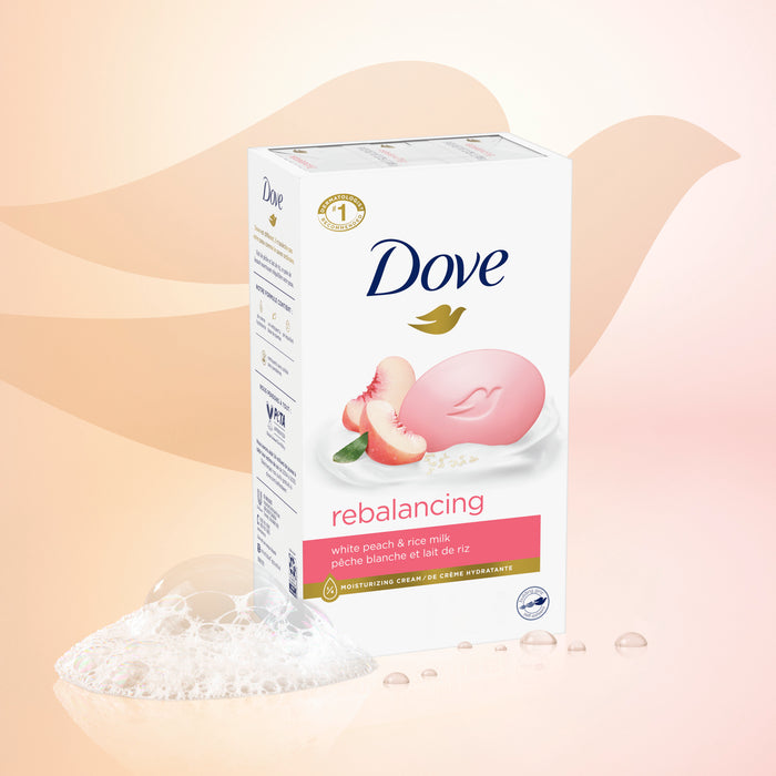 Dove Beauty Bar Soap for Women Rebalancing White Peach & Rice Milk All Skin, 3.75 oz 4 Bars